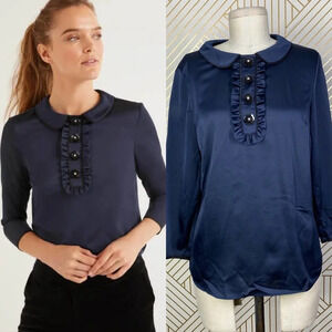 Boden Sophia Sequin Collared 3/4 Sleeve‎ Blouse Top in Navy Blue Size US 6